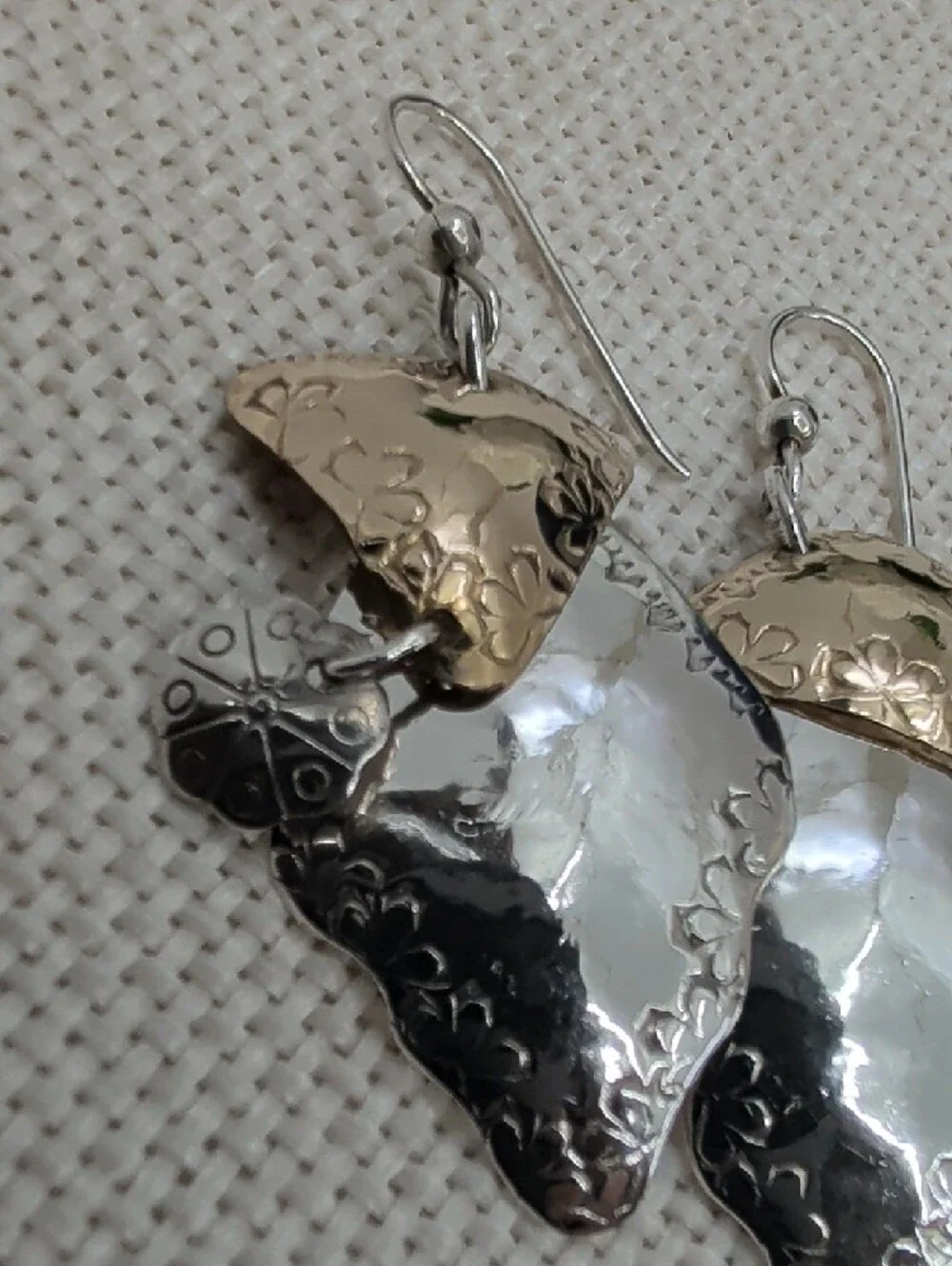 Vintage Hand-Hammered 925 Sterling Two-Tone Shield Dangle Earrings